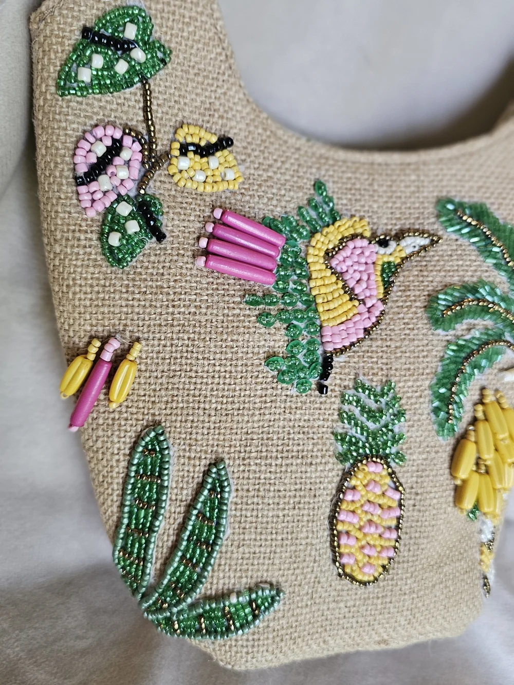 Hand-Beaded Tropical Shoulder Bag in Natural and Green